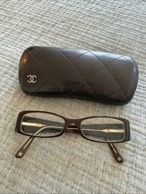 CHANEL Brown Rectangular Glasses with Quilted Logo Case